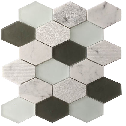 Anthracite Geo Hexagon Sequin Pattern 12-in x 13-in Marble with Glass Mosaic Wall Tile( 5.4 sq. ft. /Box )