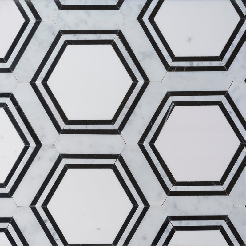 Black & White Hexagon 16-in x 14-in Polished Waterjet Mosaic Floor and Wall Tile( 7.8 sq. ft. /Box )