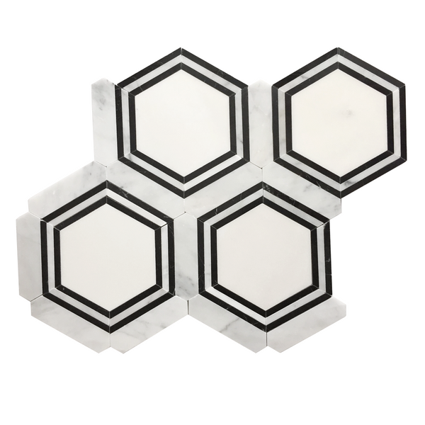 Black & White Hexagon 16-in x 14-in Polished Waterjet Mosaic Floor and Wall Tile(1.56-sq. ft/ Piece)