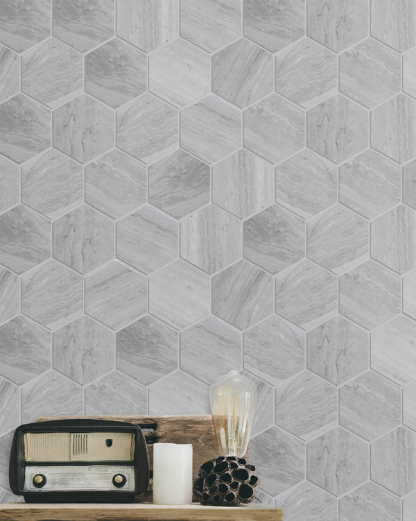 3-in Wooden gray Hexagon 12-in x 10-in Honed Marble Mosaic Wall Tile( 4.15 sq. ft. /Box )