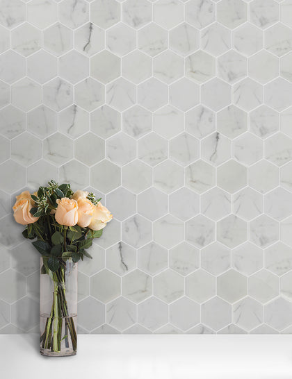 3-in Calacatta Hexagon 12-in x 10-in Polished Marble Mosaic Floor and Wall Tile( 4.15 sq. ft. /Box )