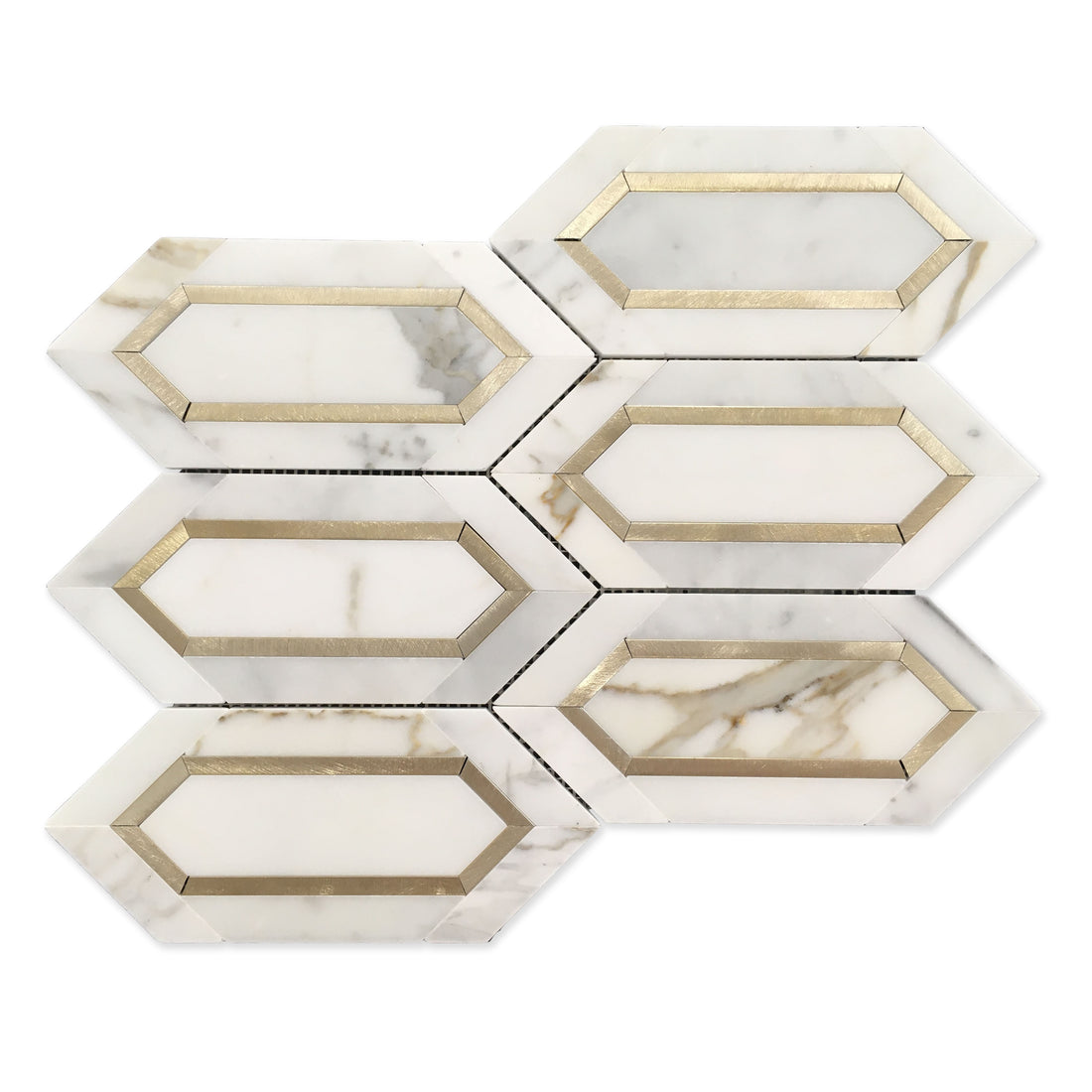 Calacatta Gold with Metal Elongated Hexagon 12-in x 14-in Waterjet Mosaic Wall Tile( 8.85 sq. ft. /Box )