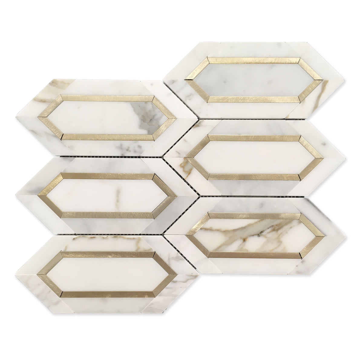 Calacatta Gold with Metal Elongated Hexagon 12-in x 14-in Waterjet Mosaic Wall Tile( 8.85 sq. ft. /Box )