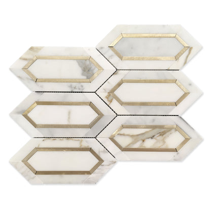 Calacatta Gold with Metal Elongated Hexagon 12-in x 14-in Waterjet Mosaic Wall Tile( 8.85 sq. ft. /Box )