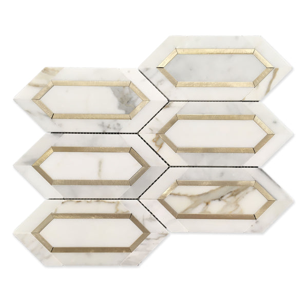 Calacatta Gold with Metal Elongated Hexagon 12-in x 12-in Waterjet Mosaic Floor and Wall Tile(1-sq. ft/ Piece)