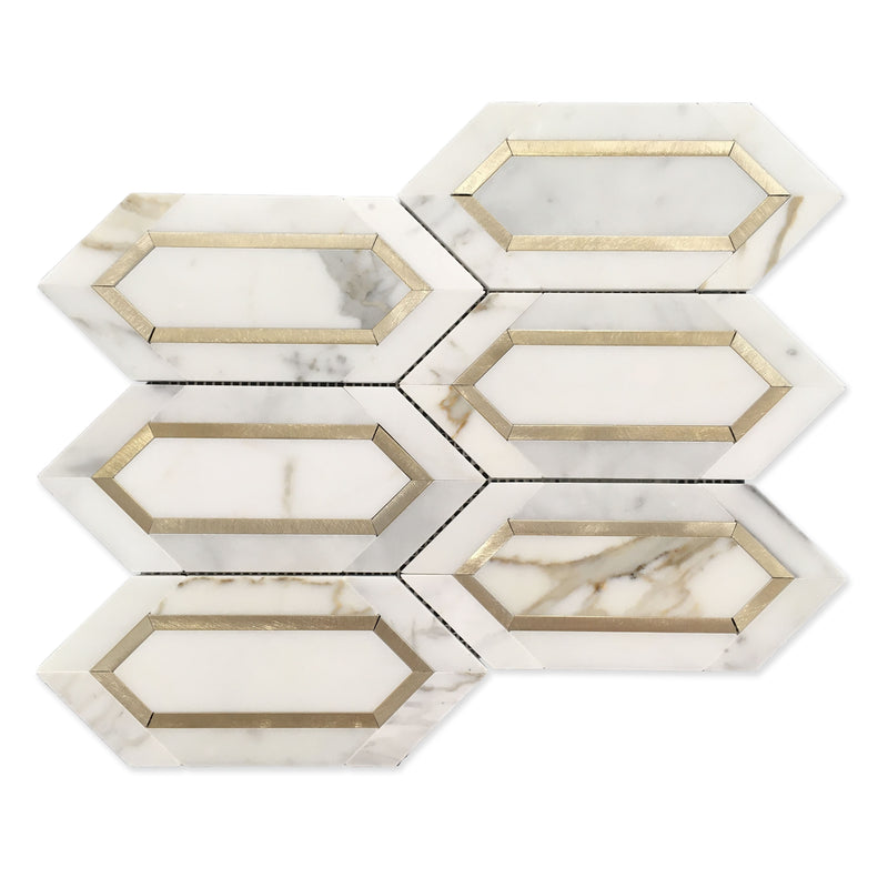 Calacatta Gold with Metal Elongated Hexagon 12-in x 14-in Waterjet Mosaic Wall Tile( 8.85 sq. ft. /Box )