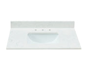 31-inch Carrara White Quartz Vanity Top with pre-drilled faucet holes, undermount ceramic sink, and matching backsplash.