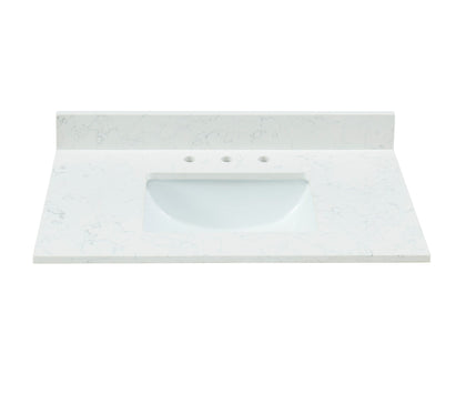 31-inch Carrara White Quartz Vanity Top with pre-drilled faucet holes, undermount ceramic sink, and matching backsplash.