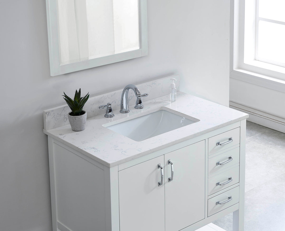 31-inch Carrara White Quartz vanity top with undermount ceramic sink and matching backsplash installed on a white modern bathroom vanity.