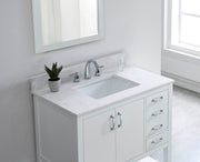 31-inch Carrara White Quartz vanity top with undermount ceramic sink and matching backsplash installed on a white modern bathroom vanity.