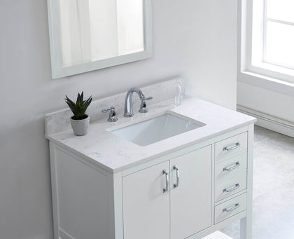 31-inch Carrara White Quartz vanity top with undermount ceramic sink and matching backsplash installed on a white modern bathroom vanity.