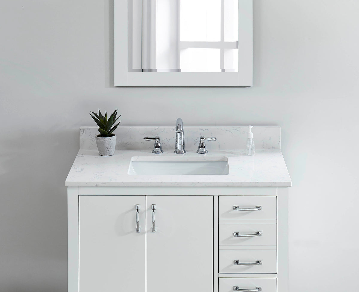 31-inch Carrara White Quartz Vanity Top with undermount sink and matching backsplash on a white bathroom cabinet.