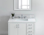 31-inch Carrara White Quartz Vanity Top with undermount sink and matching backsplash on a white bathroom cabinet.